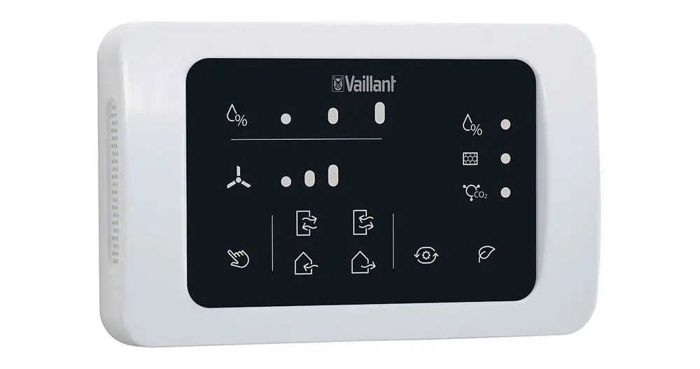 Vaillant Bedieneinheit mit Display und Symbolen zur Anzeige von CO2, Luftfeuchtigkeit und Temperatur. Geräteschnittstelle für Heizungs- oder Klimaanlagen.